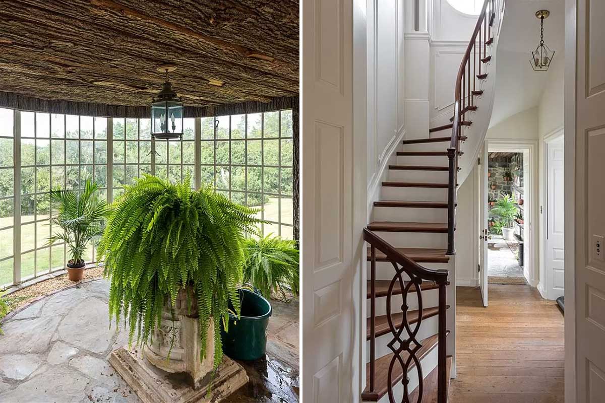 one photo of a sunroom with ferns and another with a swirling staircase