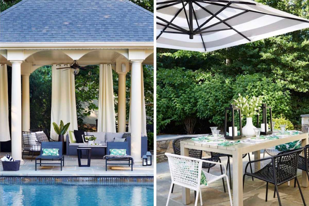 two outdoor spaces with pool and furniture