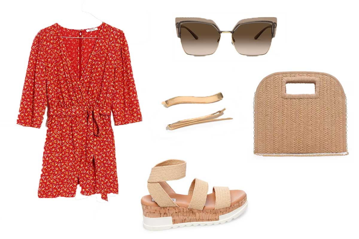 outfit with red floral romper tan purse tan sandals and sunglasses