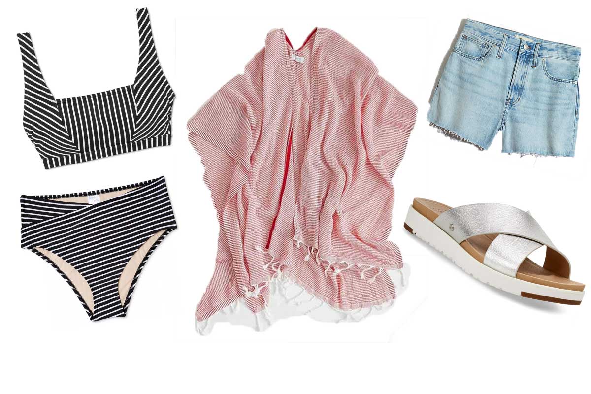 beach outfit with black and white bikini and red cover-up and denim shorts and sandals