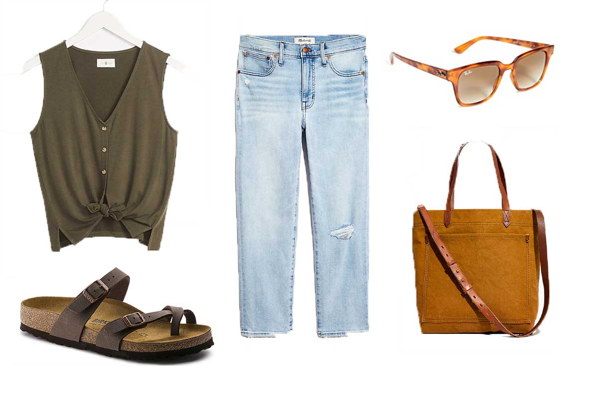 outfit with green tank top and light wash jeans and brown bag and sandals
