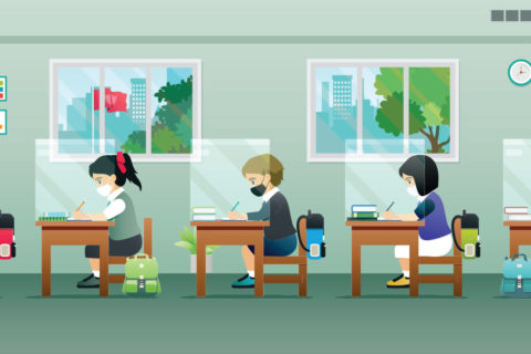 cartoon students in classroom with masks on