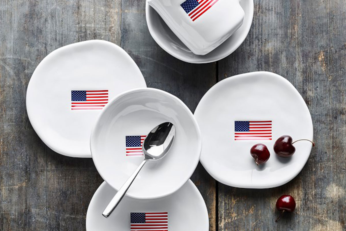 white plates with american flags printed on them