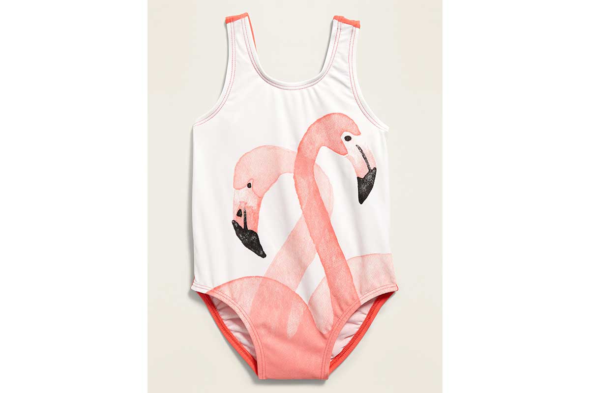 one-piece bathing suit with flamingos