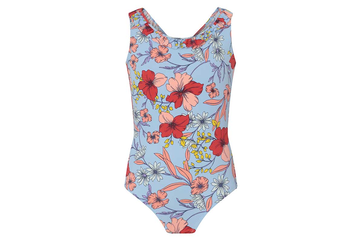 blue one-piece swimsuit with flower pattern