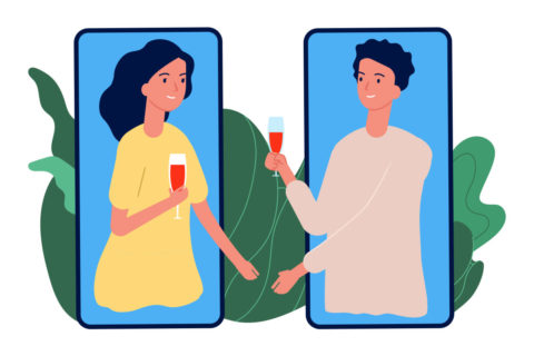 cartoon people holding hands through iphone
