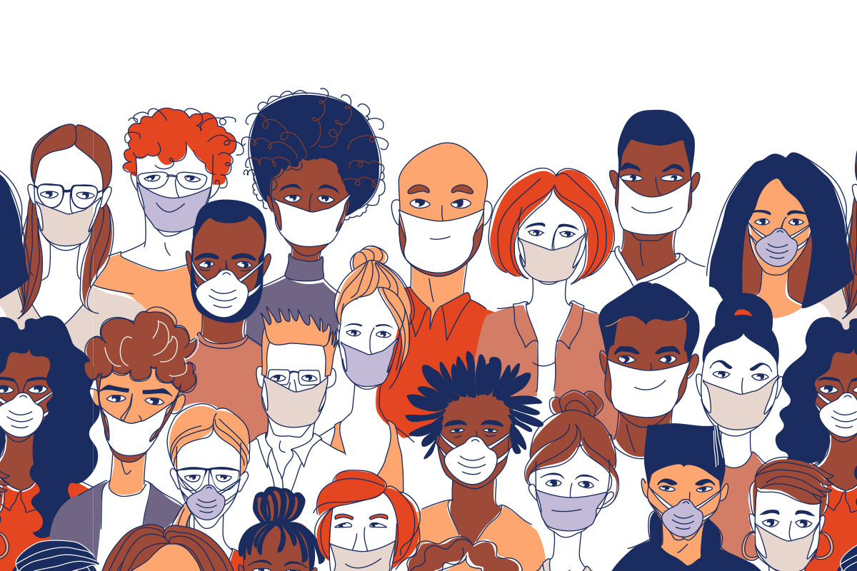 cartoon drawing of people with face masks on