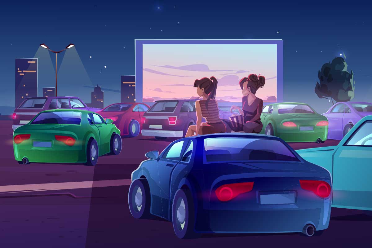 cartoon illustration of two woman sitting on top of a car at a drive-in movie theater