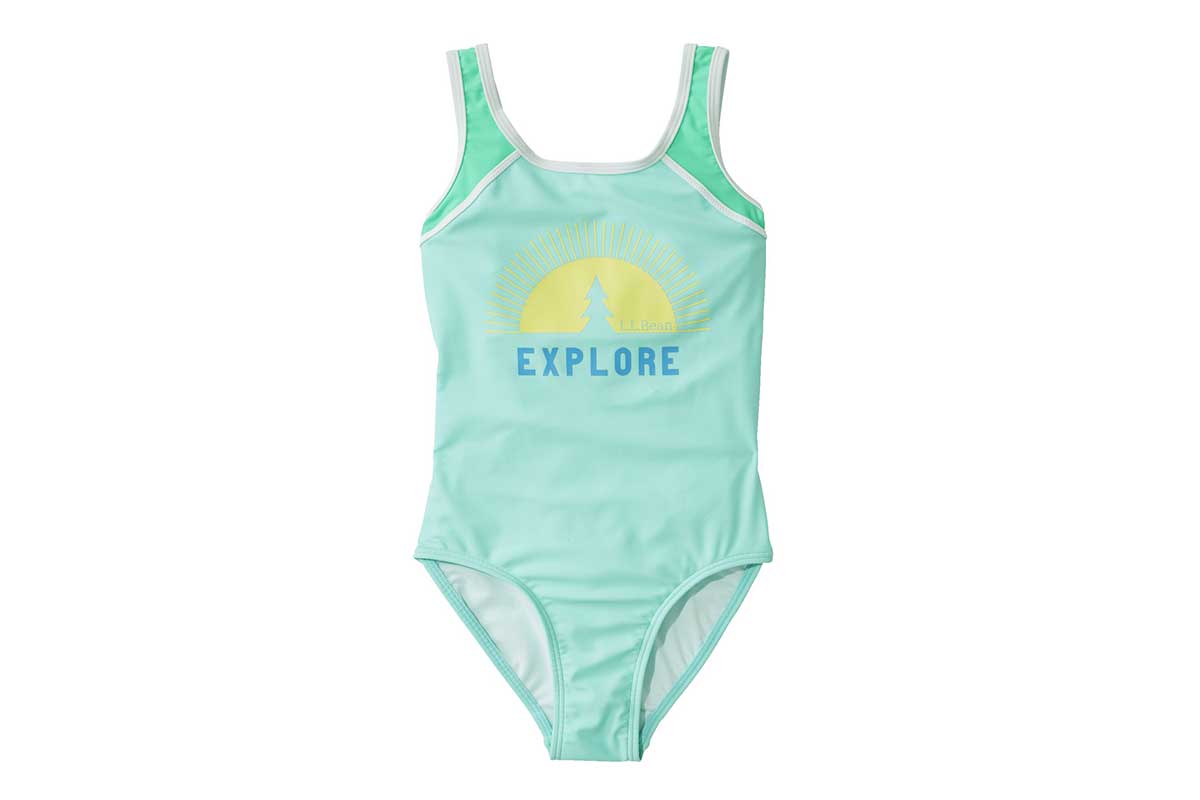 Light green bathing suit with sun and trees