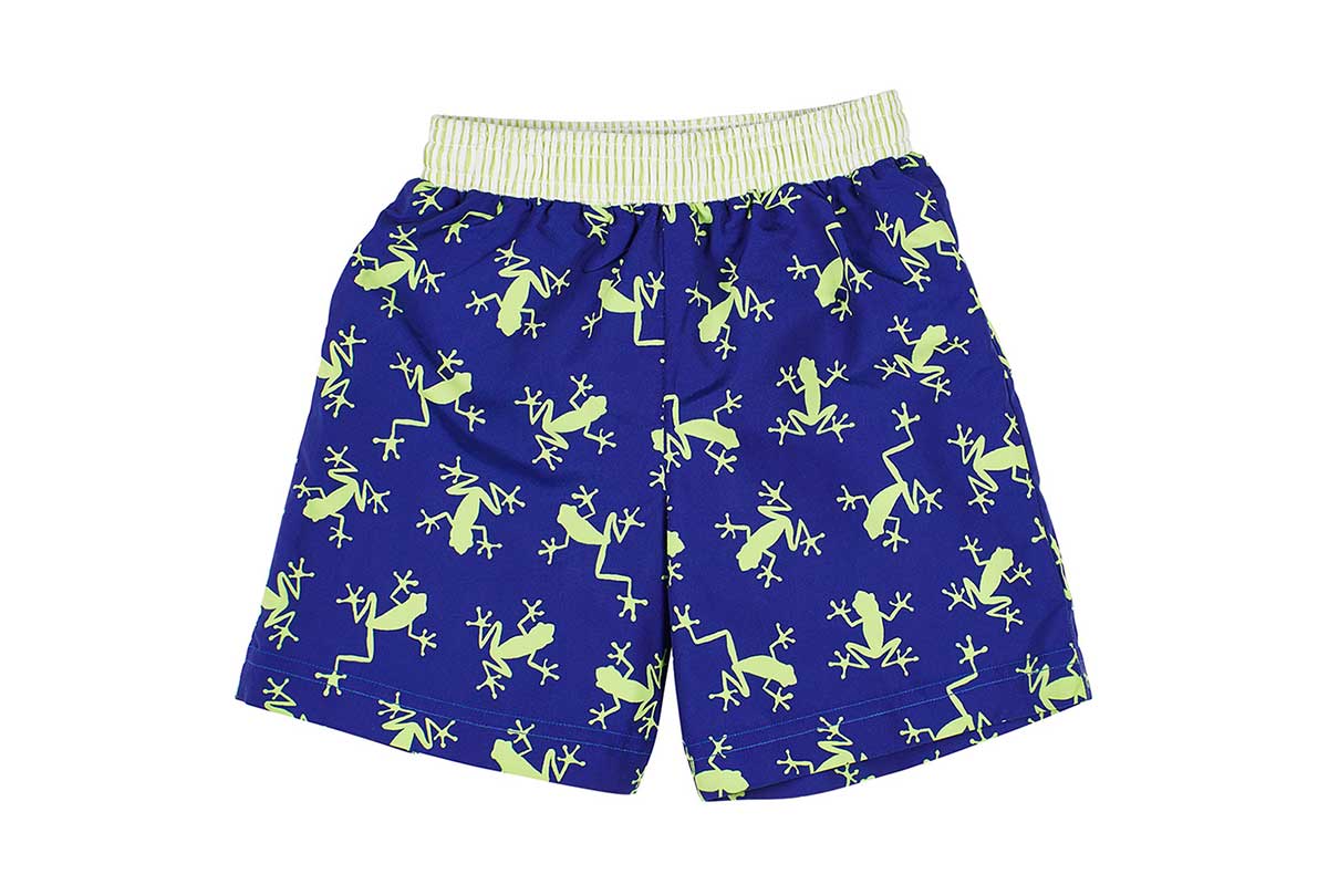 blue board shorts with frog pattern