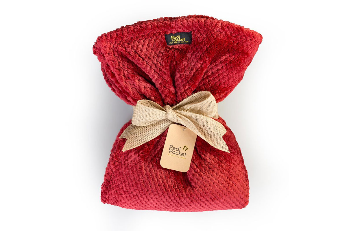 red pedi pocket blanket with brown bow tie