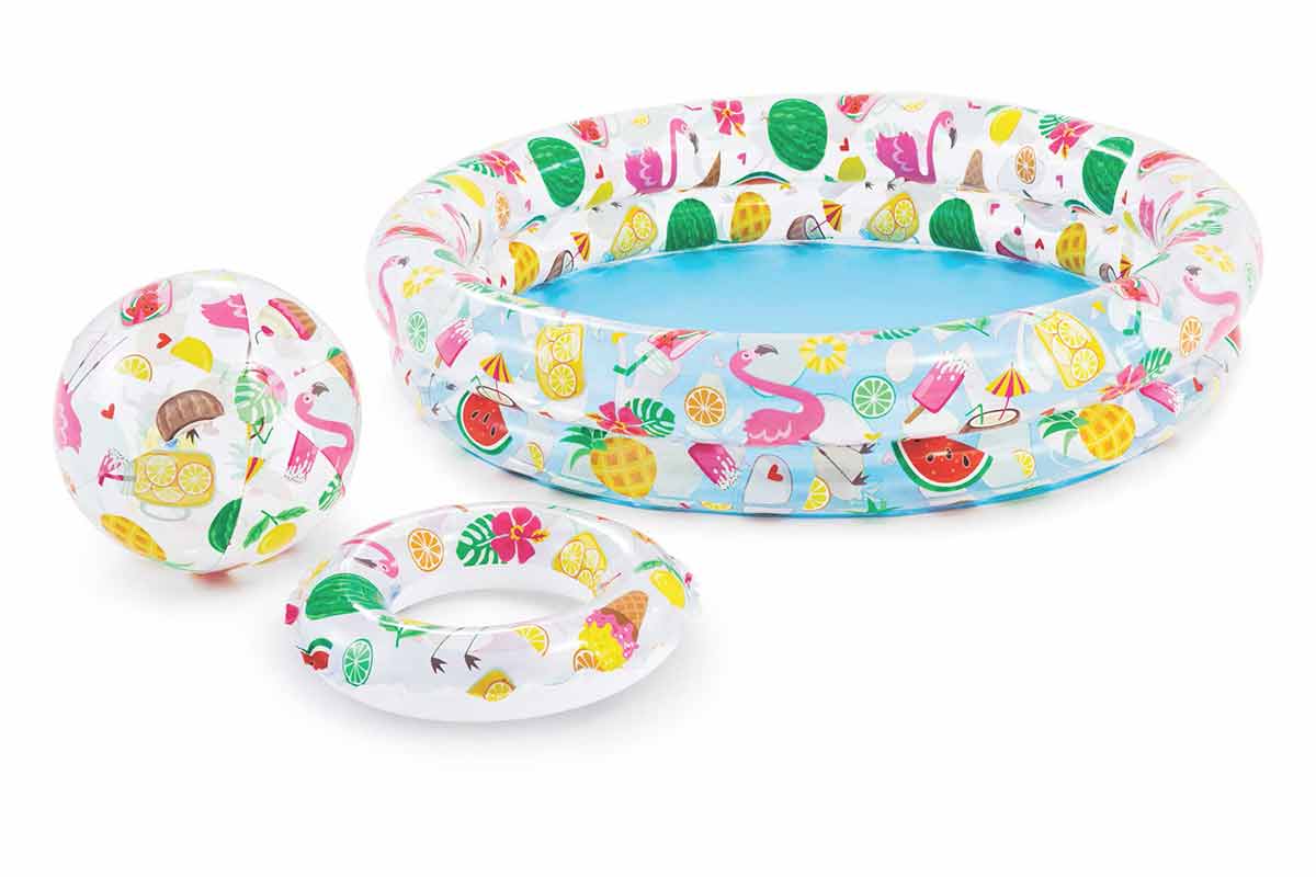 Fruit patterned pool, beach ball and pool ring
