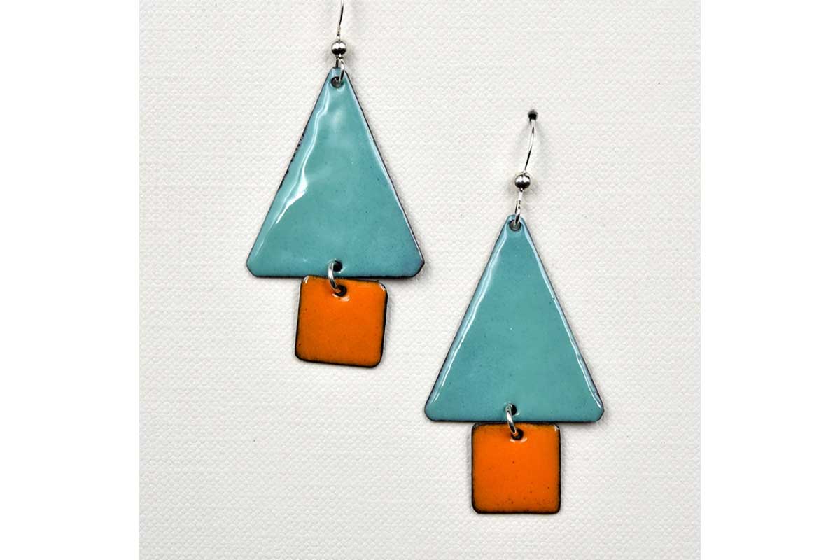 earrings with blue triangles and orange squares
