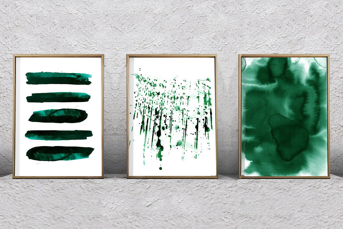 three prints in emerald green