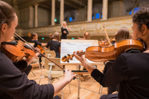 violins playing in orchestra
