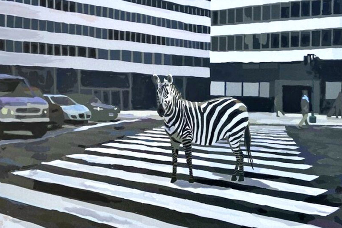 painting of zebra in city street