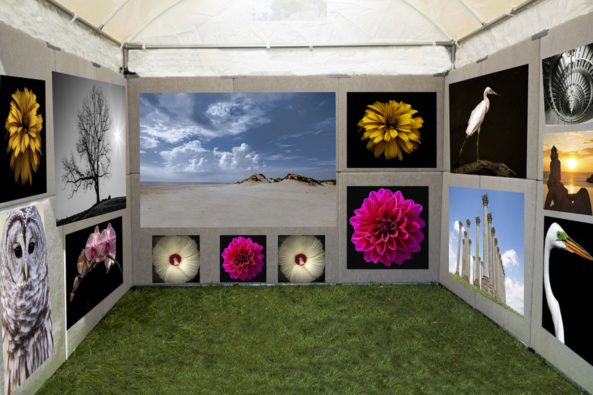 art festival tent with photos hanging up for sell