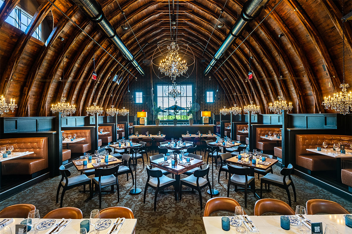 restaurant with chandelier