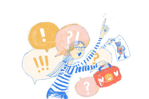 cartoon of woman in blue striped shirt