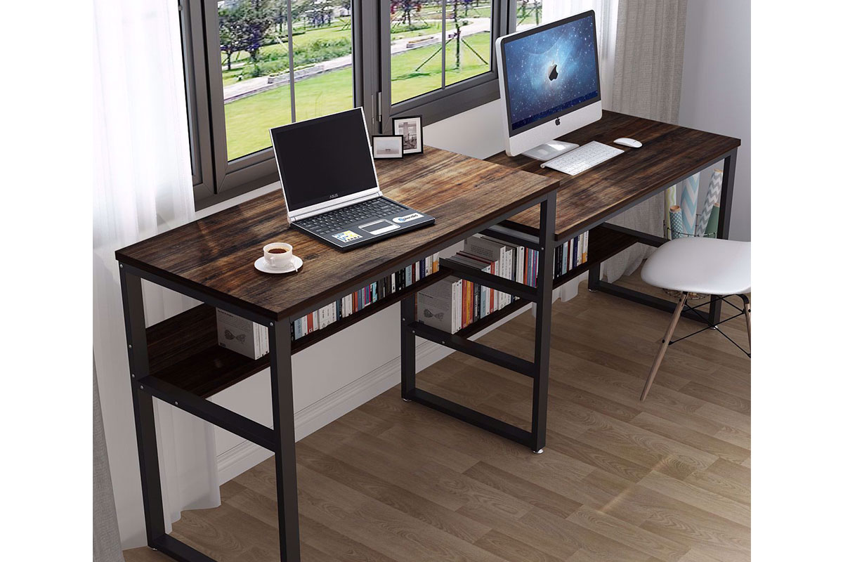 wooden desk with two settings