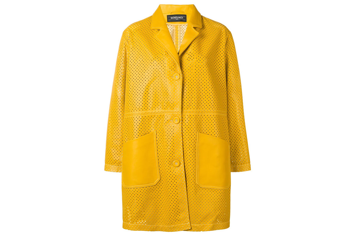 yellow leather coat