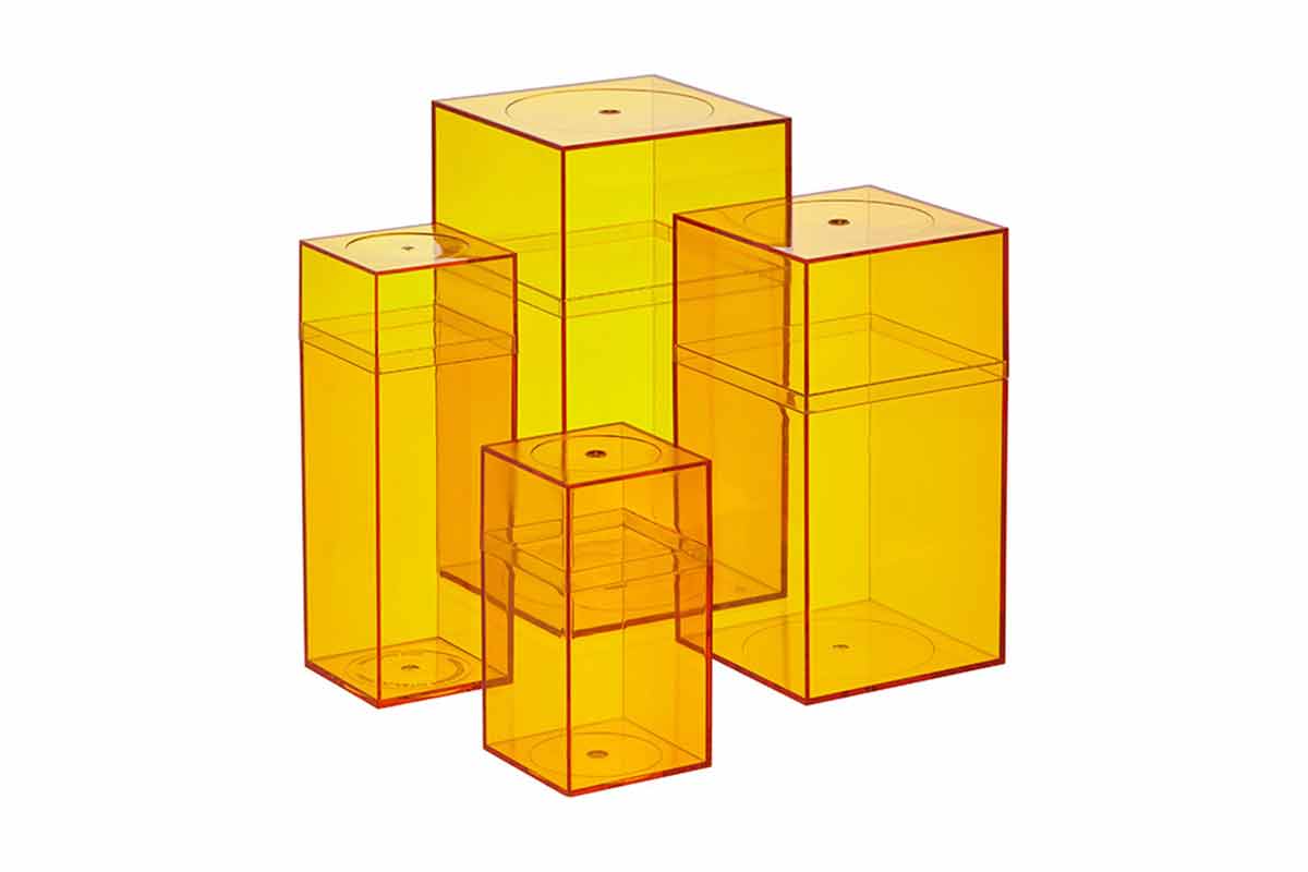Four yellow storage boxes