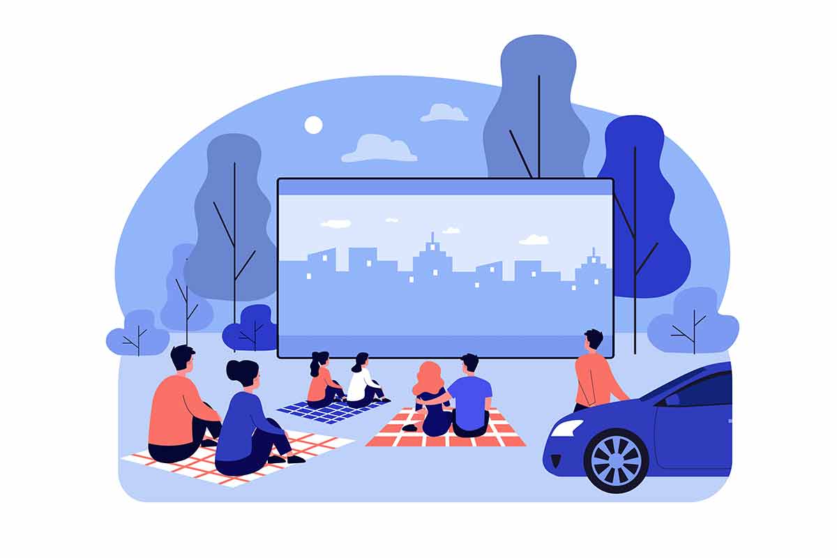 drawing of people watching outdoor movie