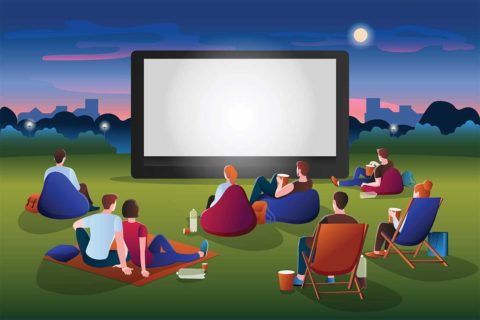 Cartoon of people watching movie outside