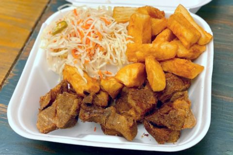 Yuca con chicharron from Pollos Inti