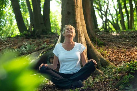 woman forest bathing by tree