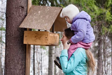 mother and child looking at bird feeder