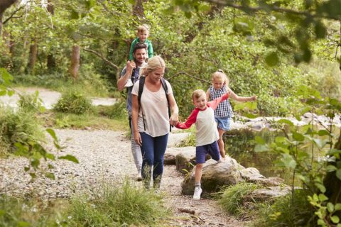family taking a hike through woods