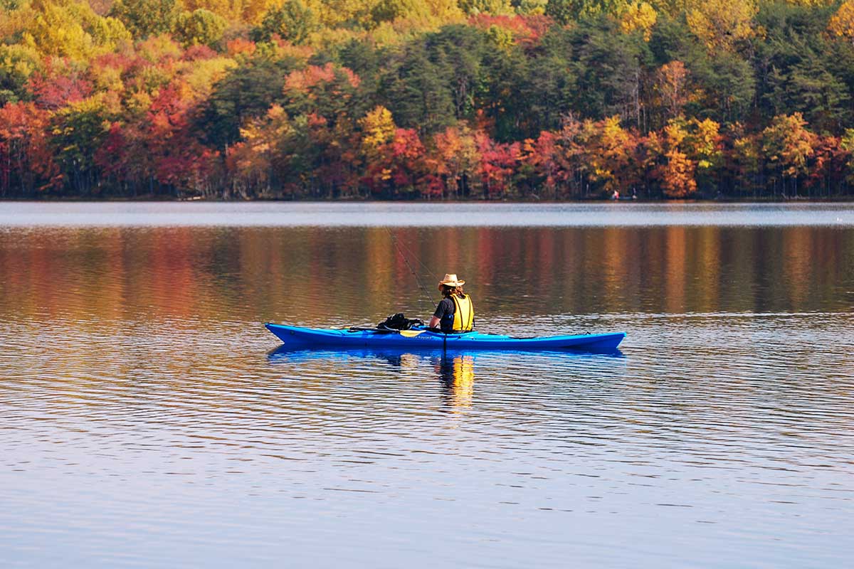 man kayaking in lake