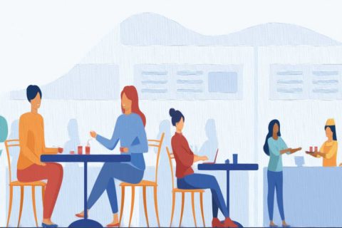 cartoon of people eating at restaurant