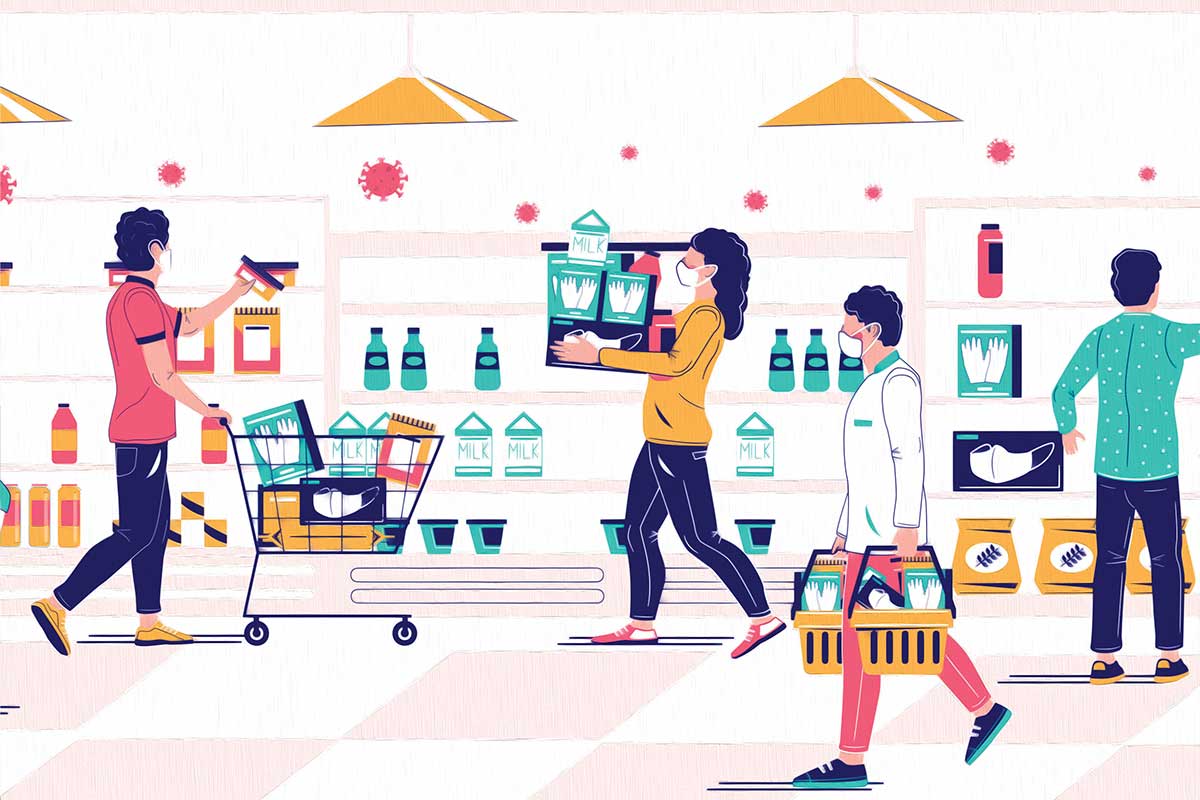 cartoon of people shopping at grocery store
