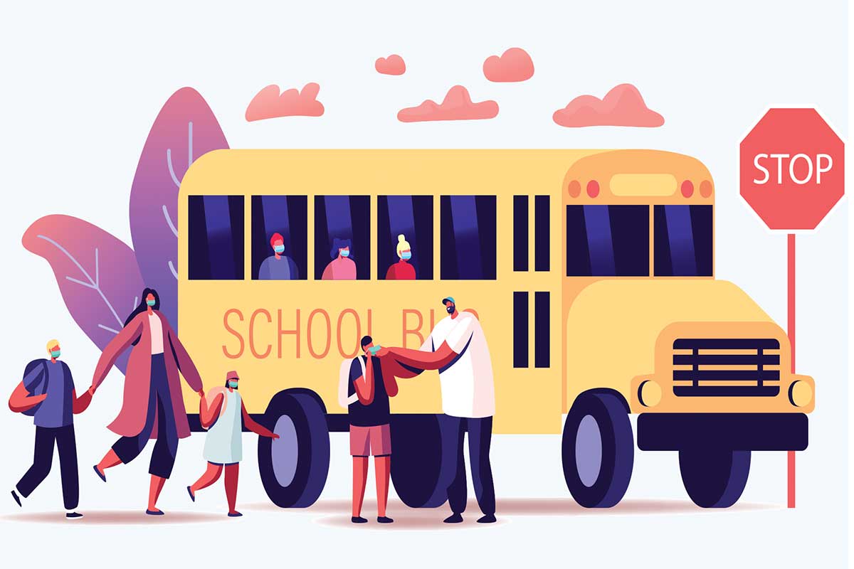 cartoon of students getting on a bus