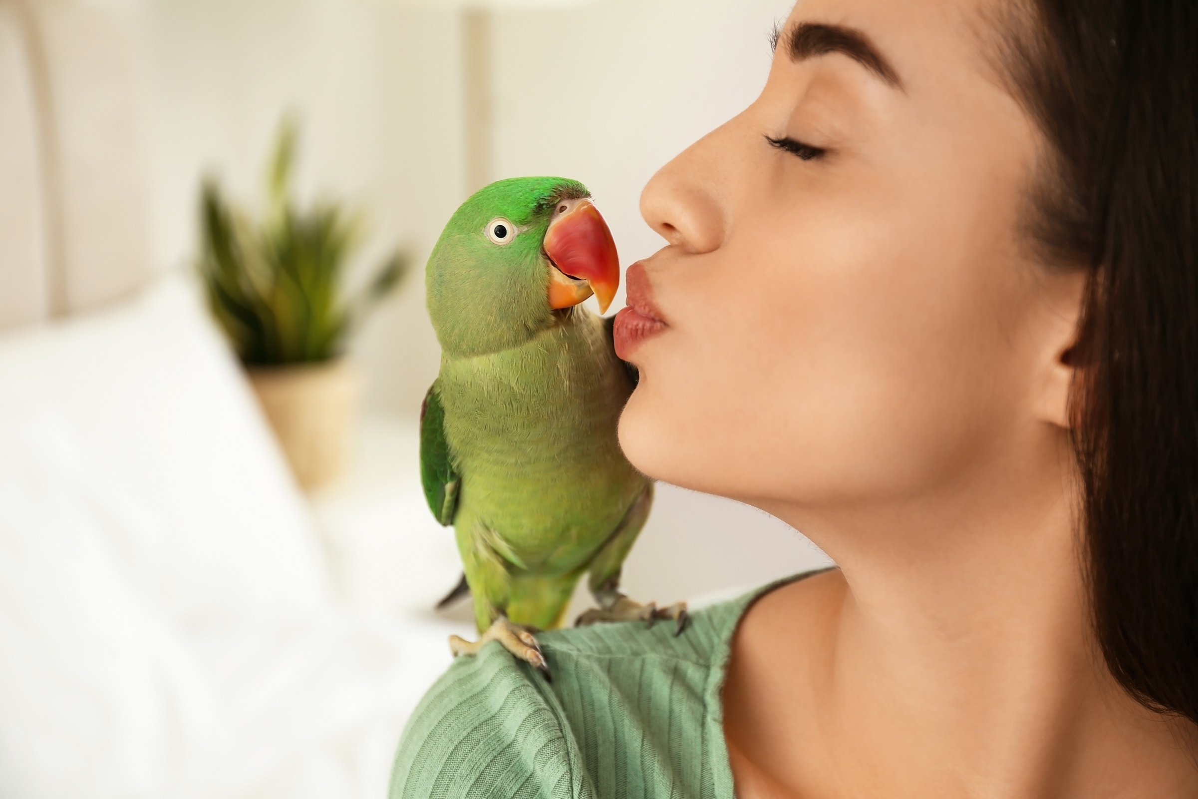 woman kissing bird