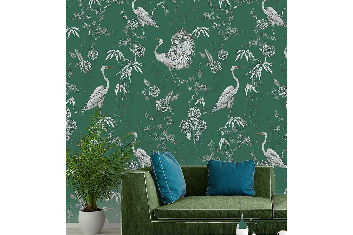 green wallpaer with birds