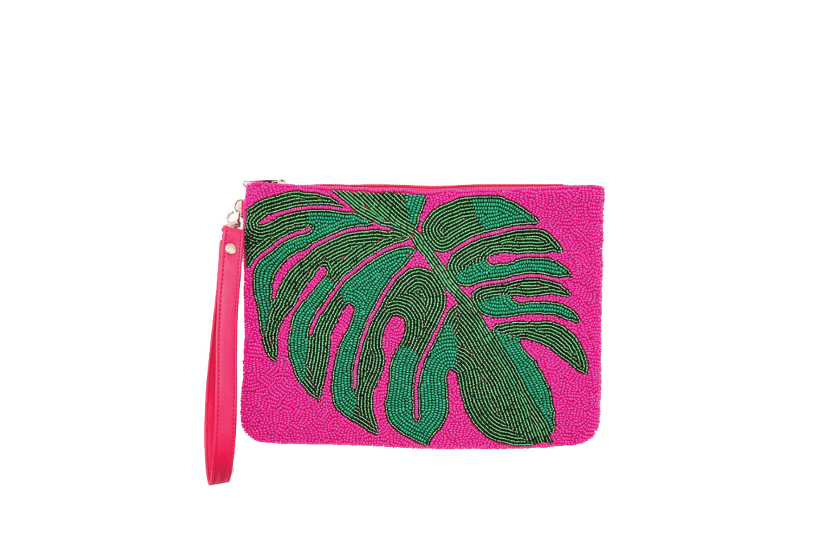 pink and palm clutch