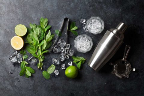 cocktail shaker and herbs