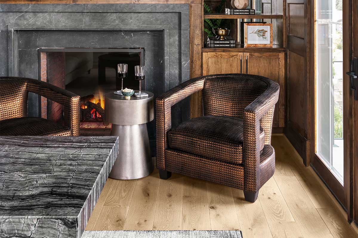 leather chair by fireplace