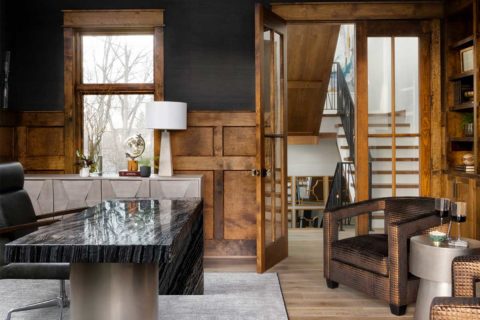 marble desk with wood panneling