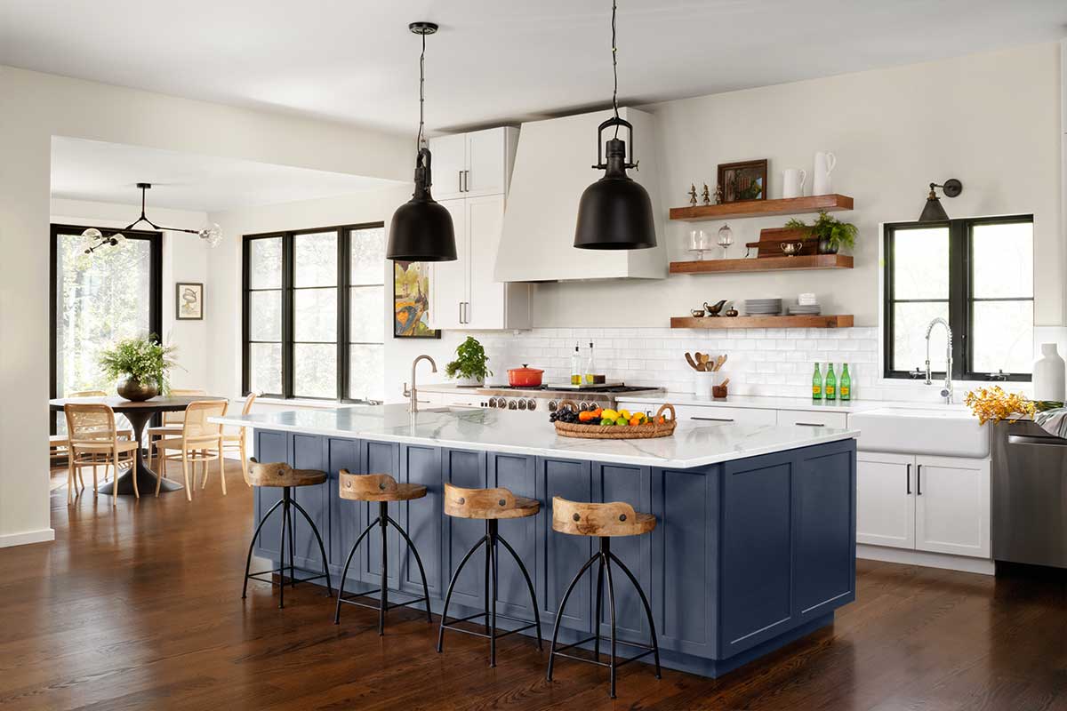kitchen with blue island