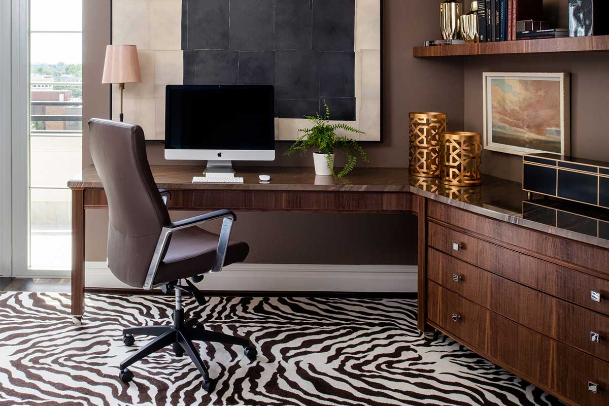 wood desk with zebra rug