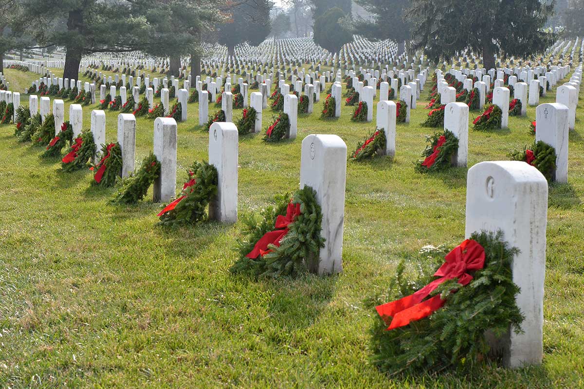 wreaths at tombstones
