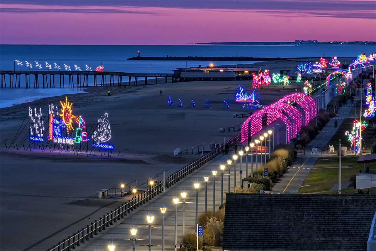 christmas lights along Virginia Beach Boardwalk