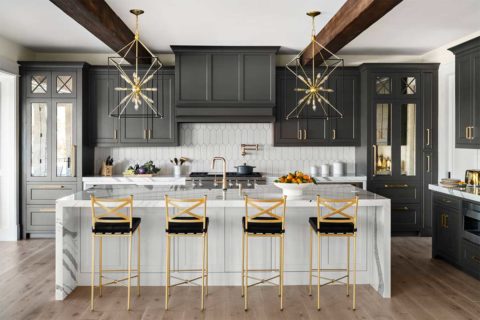black and white kitchen with gold accents