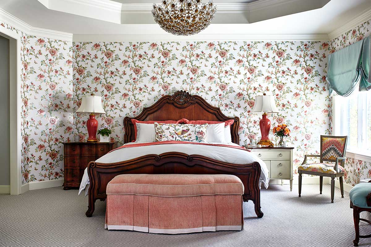 bedroom with floral wallpaper