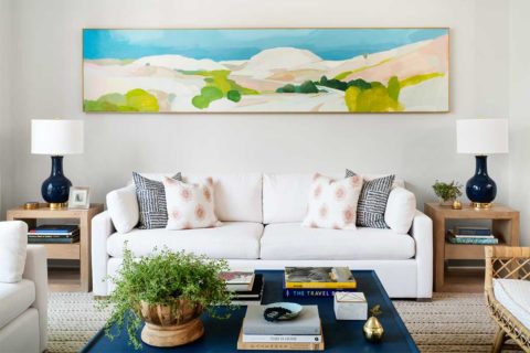white couch with blue accents