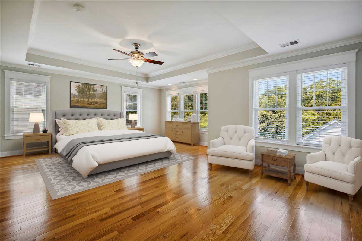 neutral bedroom with hardwood floors